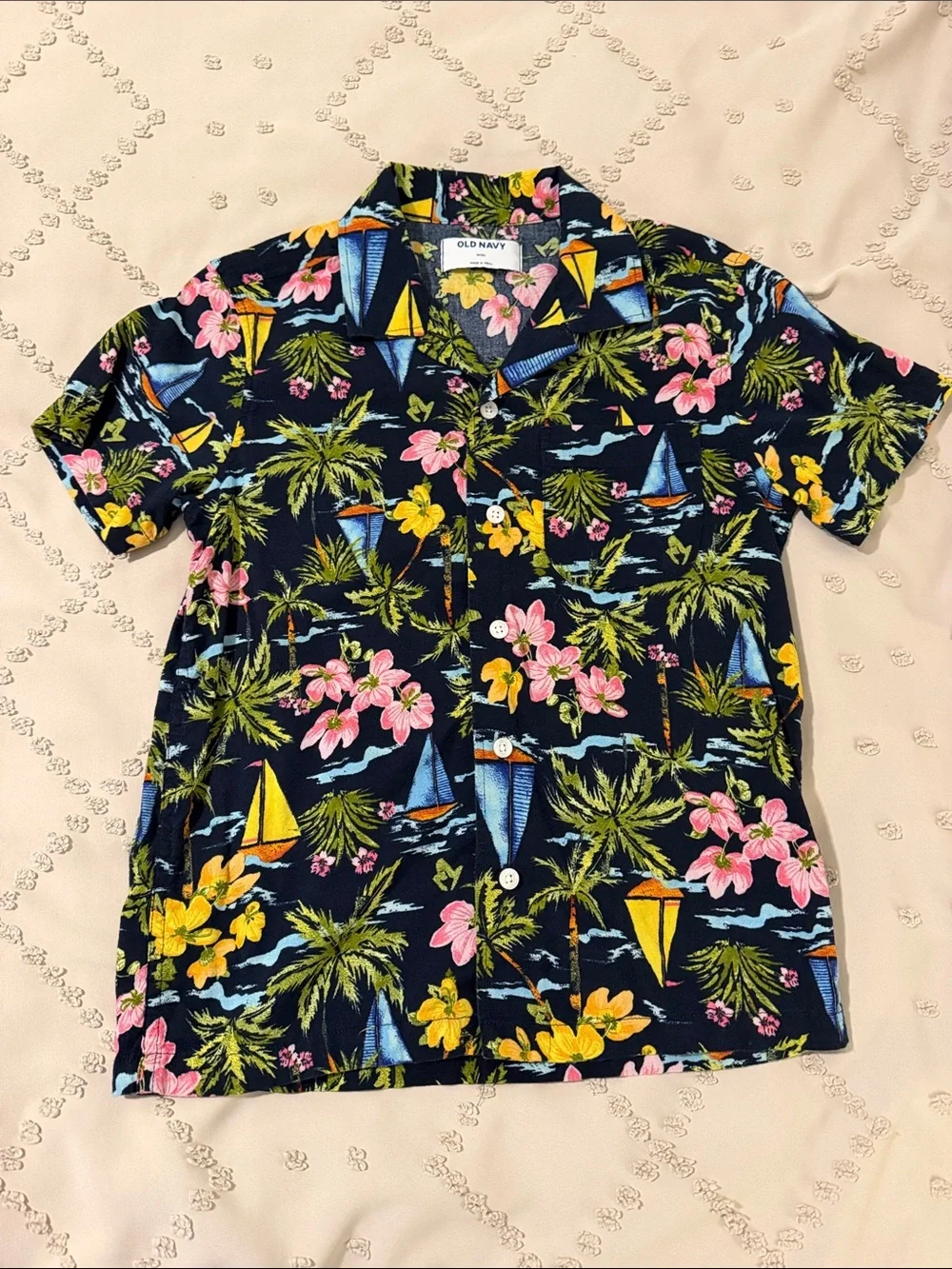 Old Navy Boys' Floral & Tropical Button-Down Shirts - White, Black, Multicolor